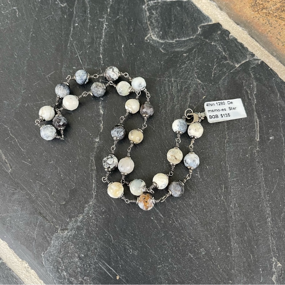 Elegant one of a kind Dendrite Opal Beaded Necklace in Black and White 18” long